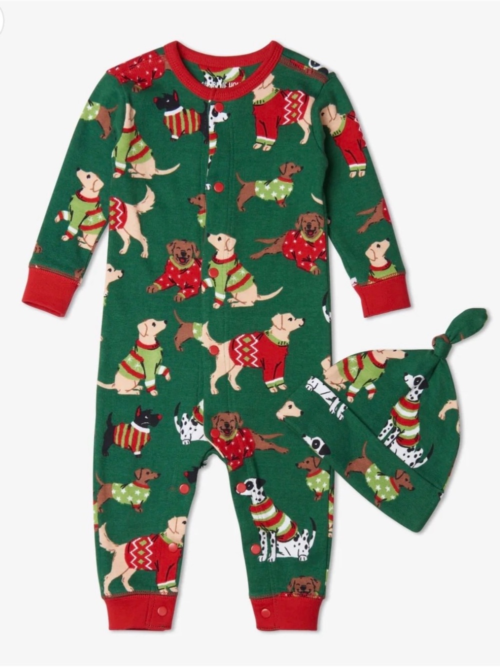 Baby Green Holiday Dog Print Long Sleeve One-Piece with Matching Knot Hat
